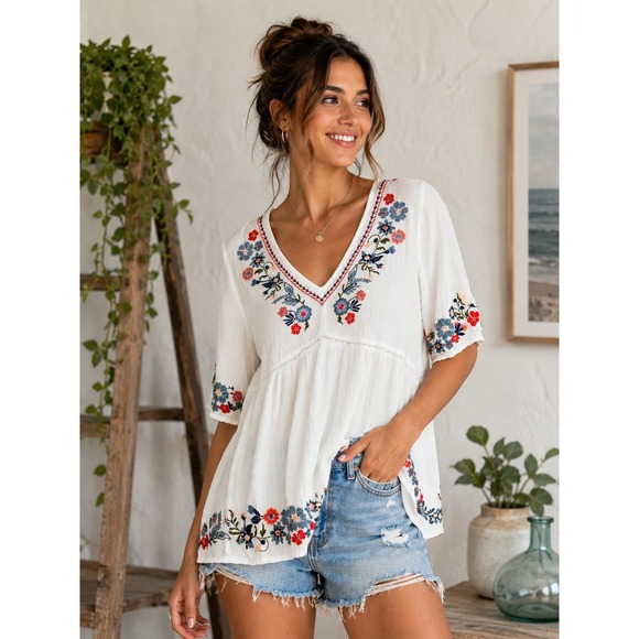 Knox Rose Tops - Knox Rose Embroidered Boho Peasant Guaze Top White Floral Large